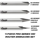 4-Piece Engraving Set, CNC Wood Carving Router Bits, 60° & 90° V-Groove, 20° Profile - Flat Tip, 15° Detail Carving Liner, all 1/4 Inch Shank, Premium Solid Micro Grain Carbide Item AC-ENGS.